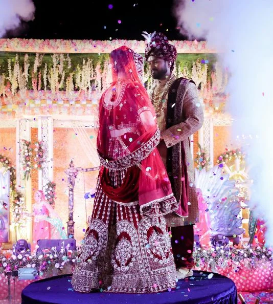 Wedding mandap / decor set up beside the pool or lawn at golden hour