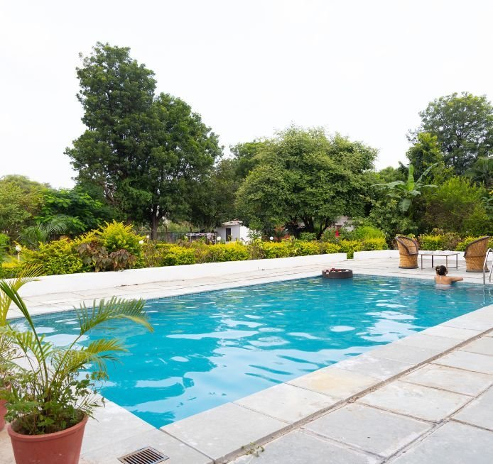 Aerial view of the private pool villa in Udaipur