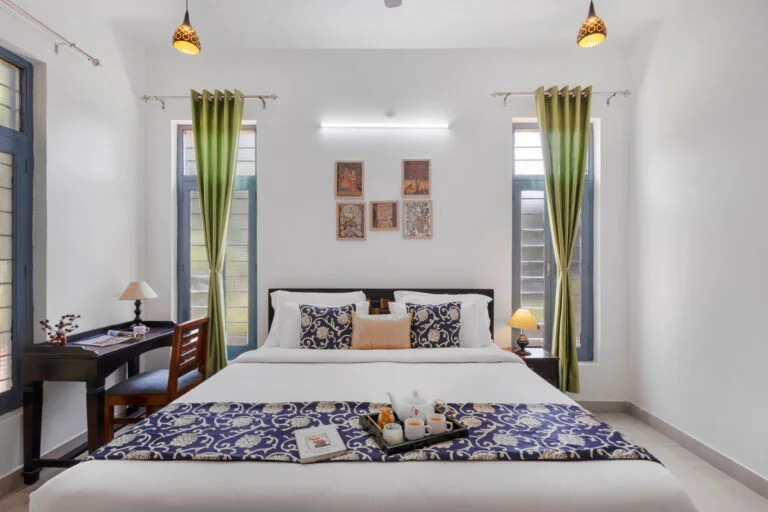 Luxury villa bedroom in Udaipur with royal interiors